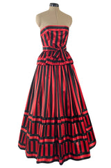Stunning 1970s Victor Costa Red & Black Striped Satin Finish Strapless Dress