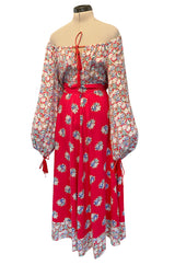 Prettiest 1970s Wallis Off Shoulder Red & Blue Floral Print Dress w Balloon Sleeves