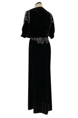 Rare 1920s 1930s Unlabeled Silk Velvet Dress w Rhinestones & Matching Open Shoulder Jacket