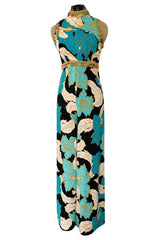 Gorgeous 1960s Unlabeled Tropical Blues Floral Print Jumpsuit w Gold Coin & Cord Detailing