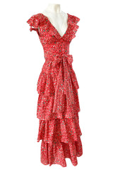 Prettiest 1970s Oscar de la Renta Tiered & Ruffled Tiny Floral Red Dress