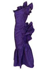 Spring 1982 Unlabeled Givenchy One Shoulder Purple Silk Dress