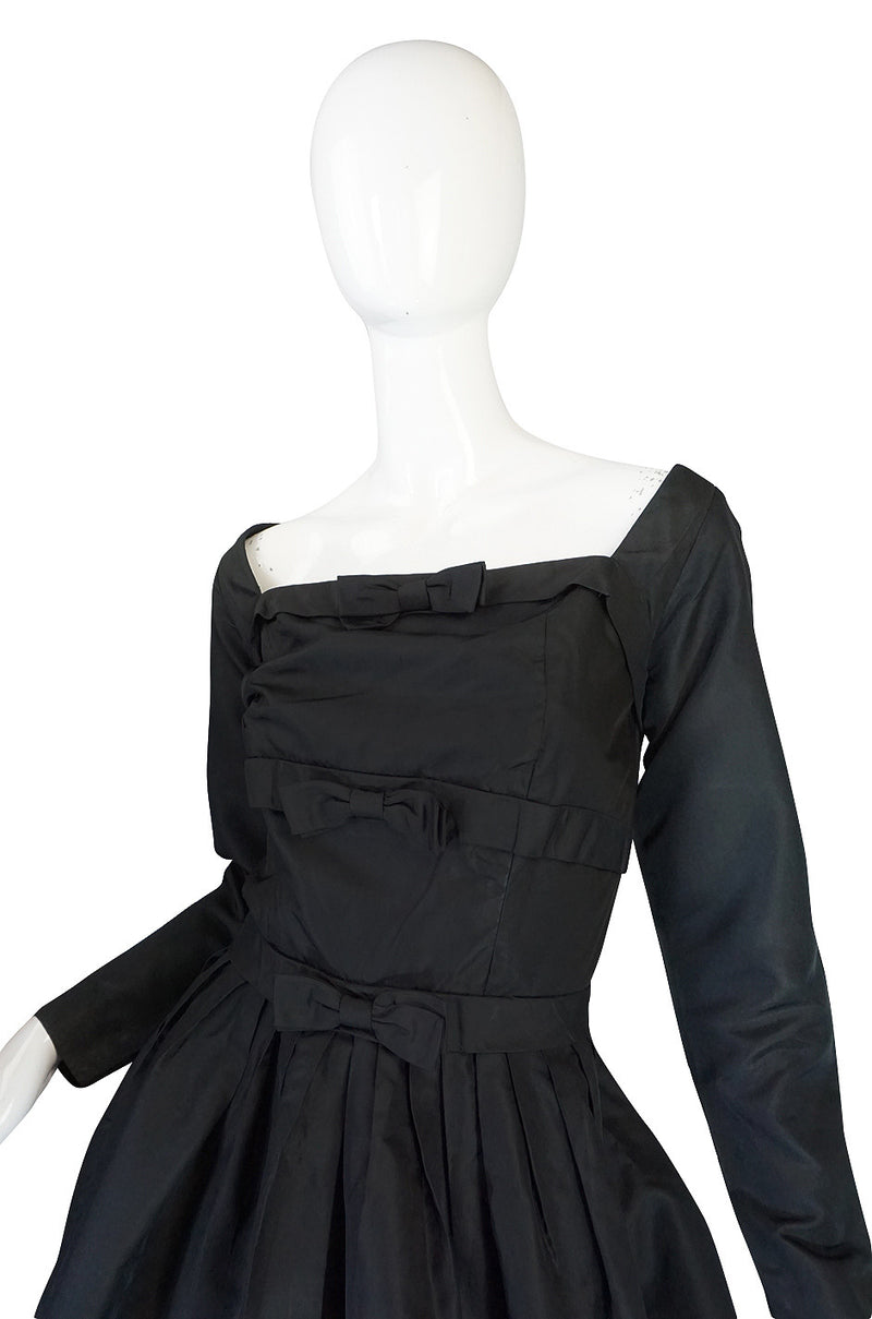 1950s Pretty Black Silk Suzy Perette Bow Dress