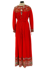 Spectacular 1970s Louis Feraud Haute Couture Orange Red Caftan Sequin Dress
