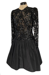 1980s Ady Couture Lausanne Black Lace & Sequin Black Dress w Dropped Full Skirt