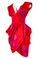 1980s Odicini Couture Coral & Pink Print Plunge Dress w Unusual Skirt