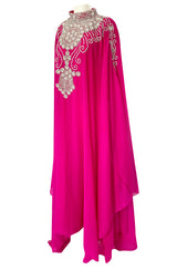 1980s Elaborate Crystal Covered Vibrant Pink Chiffon Caftan Dress
