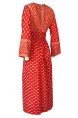 Lovely 1960s Red & White Print Indian Cotton Caftan Dress
