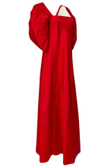 1979 Stavropoulos Deep Red Silk Full Length Dress w Pouf Sleeves