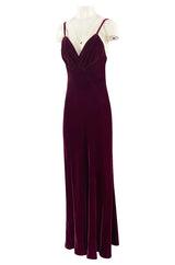Stunning 1930s Deep Jewel Toned Merlot Bias Cut Silk Velvet Halter Dress w Low Back