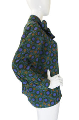 1970s Yves Saint Laurent Green Print Silk Top