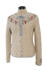 Wonderful 1980s Wolkenstricker Natural Linen Flax Colour Hand Knit Cardigan Sweater w Floral Details