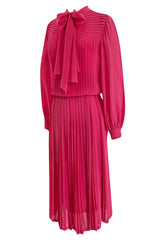 1970s Louis Feraud Haute Couture Hand Pleated Pink Silk Chiffon Day Dress w Bow