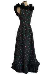 1970s Louis Mies Couture Level Black Silk Taffeta Dress w Embroidered Flowers & Ruffled Detailing