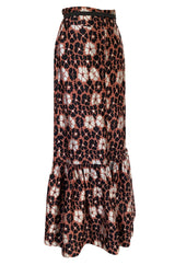 Early 1980s Madame Gres Silver Thread Ruffled Floral Print Maxi Skirt