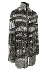 Sparkly Spring 1981 Halston Silver Sequin & Beaded Black Silk Chiffon Jacket