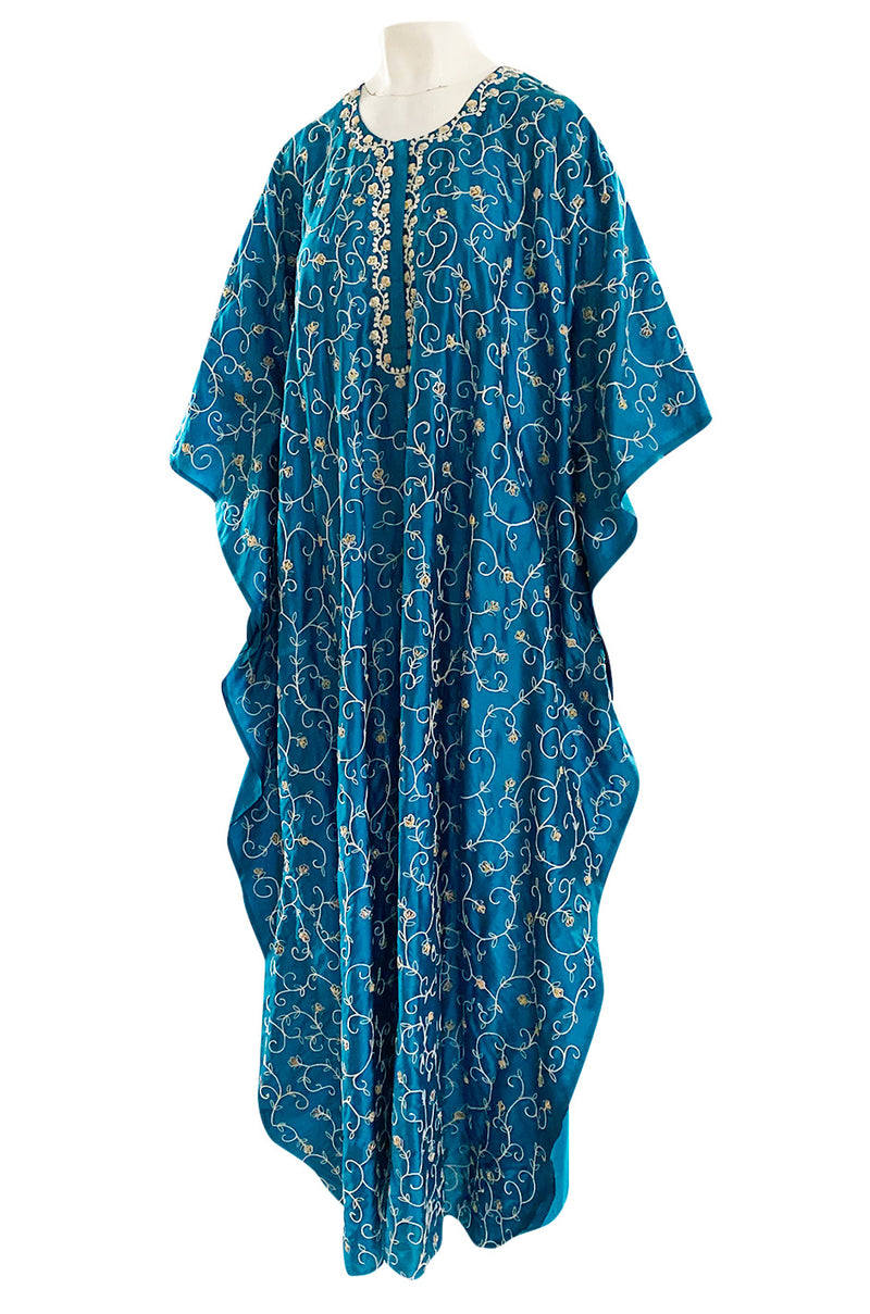 1970s Elaborately Embroidered Deep Turquoise Blue Silk Caftan Dress