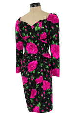 Prettiest 1980s Vicky Tiel Couture Hourglass Bright Pink Floral Print Silk Dress