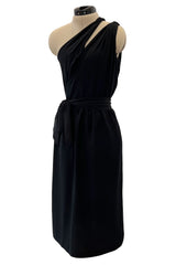 Chic 1970s Bill Blass One Shoulder Cut Out Little Black Light Weight Silk Dress w Silk Sash Tie