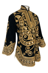 1960s Hand Applied Gold Cord & Mirrors on Black Velvet Tunic Top