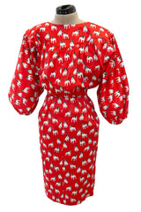 Iconic Spring 1987 Yves Saint Laurent Runway French Bulldog Printed Red Dress
