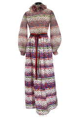 1970s Mollie Parnis Balloon Sleeve Confetti Print Silk Twill & Silk Chiffon Dress w Ruffled Collar