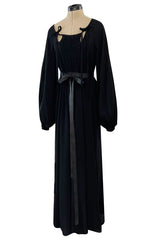 1970s Ossie Clark Black Moss Crepe Dress w KeyHole Tie Print & Balloon Sleeves