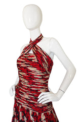 1980s Gathered Silk Chiffon Red Print Dress