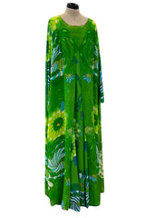 Phenomenal Early 1970s La Mendola Green Silk Jersey Caftan Dress w Silk Chiffon Overlay