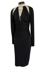 Fabulous 1980s Vicky Tiel Cut Outs Black Jersey Dress w Jewelled Pearl & Rhinestone Collar