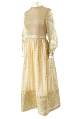 1960s Mannequin Pale Gold Metallic Lame & Organza Maxi Dress