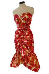 1980s Henri Bendel Washed Floral Silk Taffeta Ruffle Dres w Flower Accent at the Waist