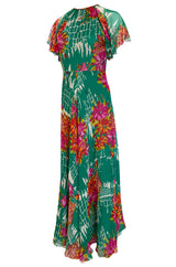 Documented 1973 Scott Barrie Pink & Green Floral Backless Silk Chiffon Dress