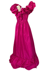 1980s Loris Azzaro Couture Bright Pink Silk Taffeta Backless Plunge Dress