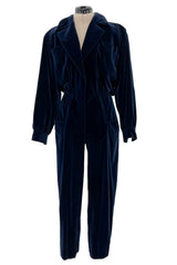 Fantastic Fall 1985 Yves Saint Laurent Deep Runway Blue Velvet Jumpsuit w Slouchy Front Pockets