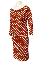 1980s Oscar de la Renta Rust and White Striped Silk Top & Skirt Set