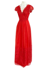 Resort 2015 Alberta Ferretti Red Silk Organza & Embroidered Lace Open Cut Work Dress