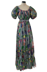 Extraordinary 1940s French Couture Floral Print Pale Blue Grey Net Dress w Original Underdress