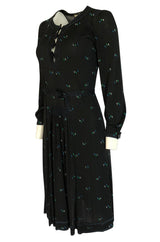 1970s Jean Muir Printed Jersey Dress w Incredible Art Deco Buttons