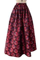 Prettiest 1970s Nina Ricci by Gerard Pipart Deep Red Floral Pattern Silk Skirt w Pockets