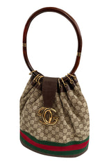 Rare & Original 1970s Gucci Bucket Canvas Logo & Leather Bag w Lucite Handle