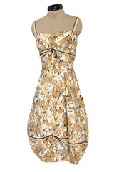 Rare 1960s Jane Derby by Oscar de la Renta Floral Print Dress w Ribbon & Bubble Skirt Detail