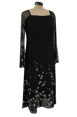 Late 1970s Pauline Trigere Black Silk Chiffon Dress w Silver Fused Glitter Flower Design