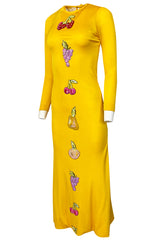 Early 1970s Bob Mackie Ray Aghayan Yellow Jersey Dress w Sequin Fruit
