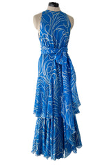 Extraordinary Fall 1979 Christian Dior by Marc Bohan Blue Silk Dress w Metallic Gold & Silver Detail