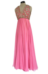 1960s Pat Sandler Pink Silk Chiffon Dress w Rhinestone & Gold Metal Cord Bodice Detailing