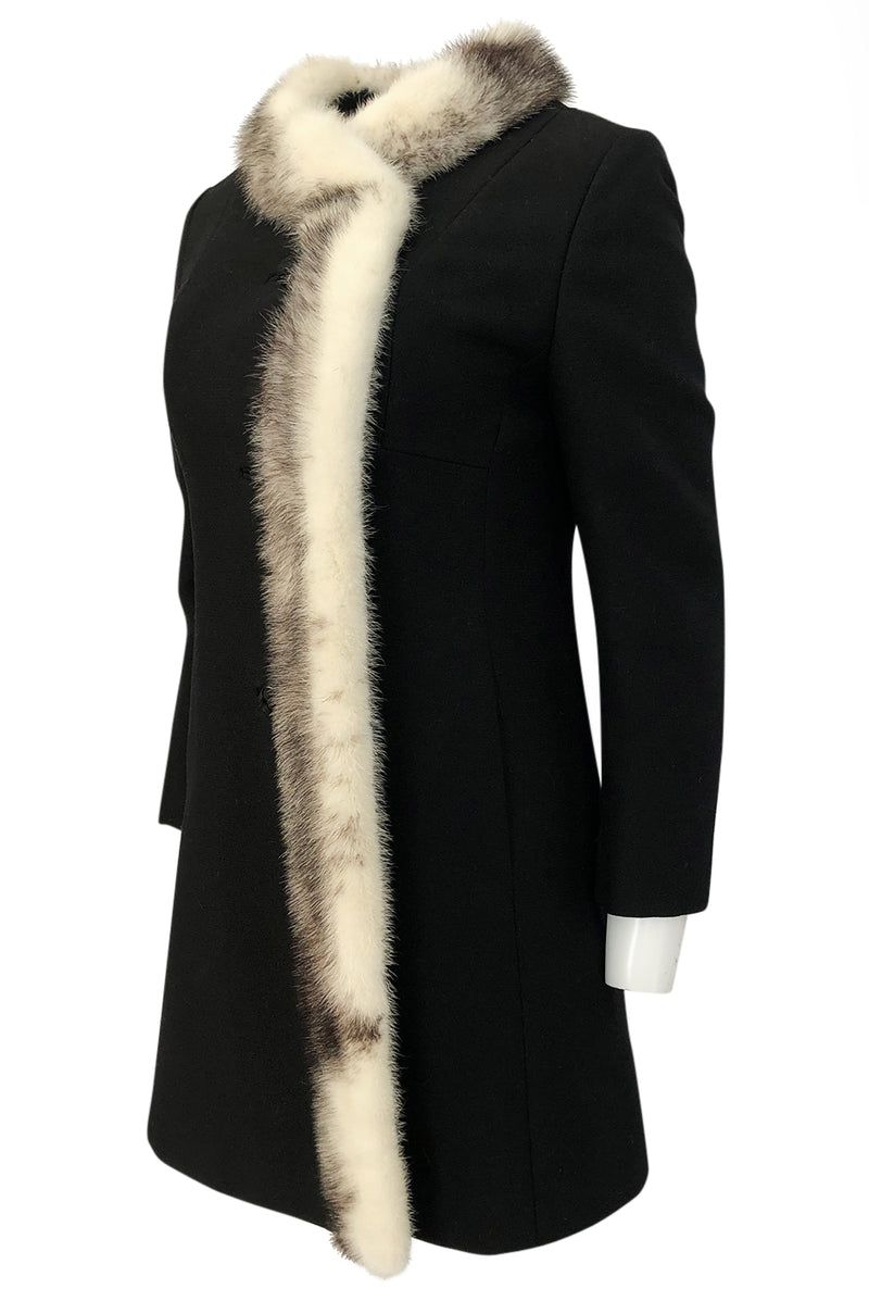 1960s Unlabeled Mod Cut Black Wool Jersey & Fur Trim Coat