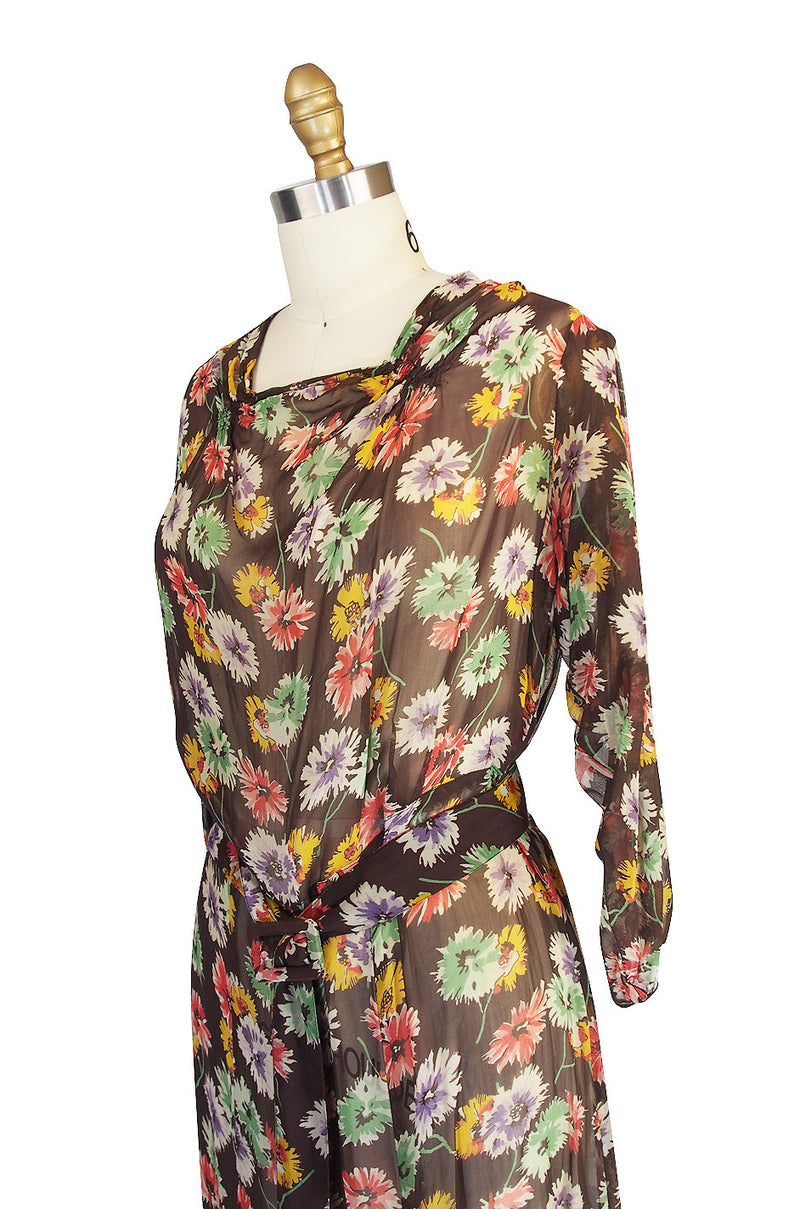 1920s Pretty Floral Silk Chiffon Dress with Belt