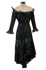 Spring 1987 Yves Saint Laurent Runway Black Net & Raffia High Low Dress w Ruffle Detail