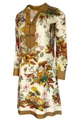 1970s Gucci Ad Campaign Flora Fauna Screen Printed Silk Shift Dress